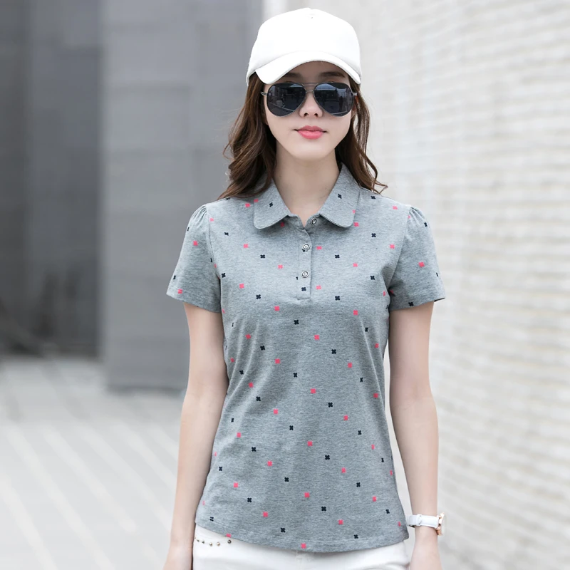 Summer Simplicity New Short sleeved Slim Fit Women\'s Shirt Folded Collar Printed Flip Collar Casual Cotton Fashion Button Top