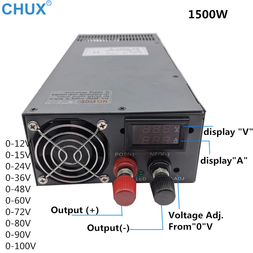 

CHUX 1000W 1200W 1500W Digital Display Switching Power Supply 0-12V 15V 24V 36V 48V 60V 72V 80V 90V 100V AC DC Adjustable SMPS