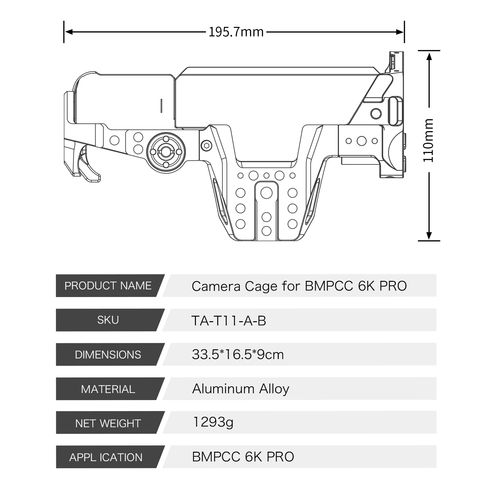 TILTA TA-T11-A BMPCC 6K Pro/G2 Camera Cage for BMPCC 6K Pro Dslr Rig Accessory top Handle R/S cable Baseplate