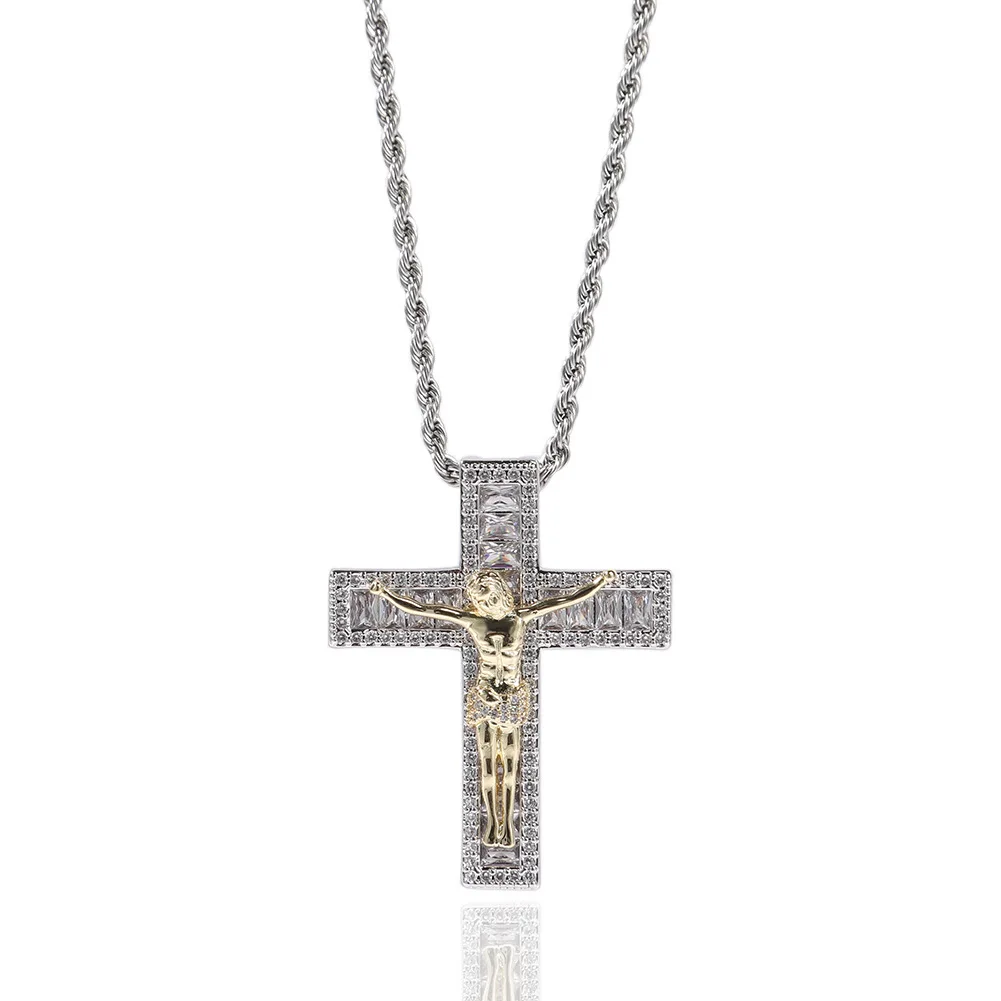 

Jesus Cross Iced Out Bling Bling Double Color Pendant&Necklace Mirco Pave Prong Setting for Men Hip Hop Jewelry BP046