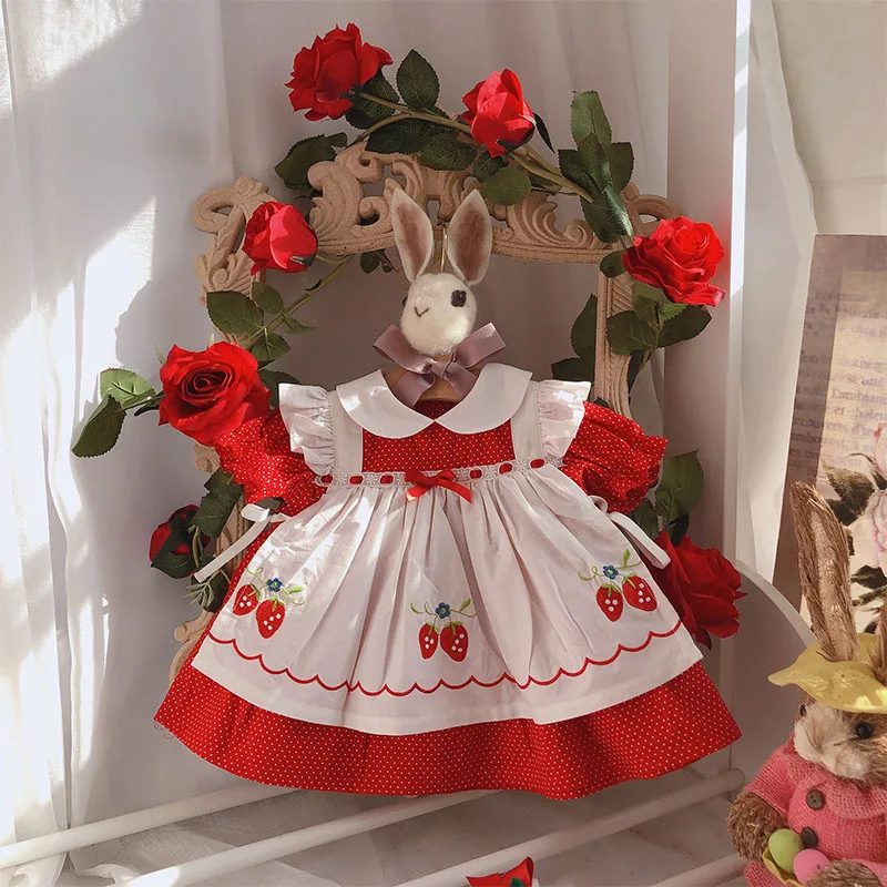 Baby Girls Summer Vintage Red Strawberry Princess Dress Casual Dress for Baby Girls 100% Cotton