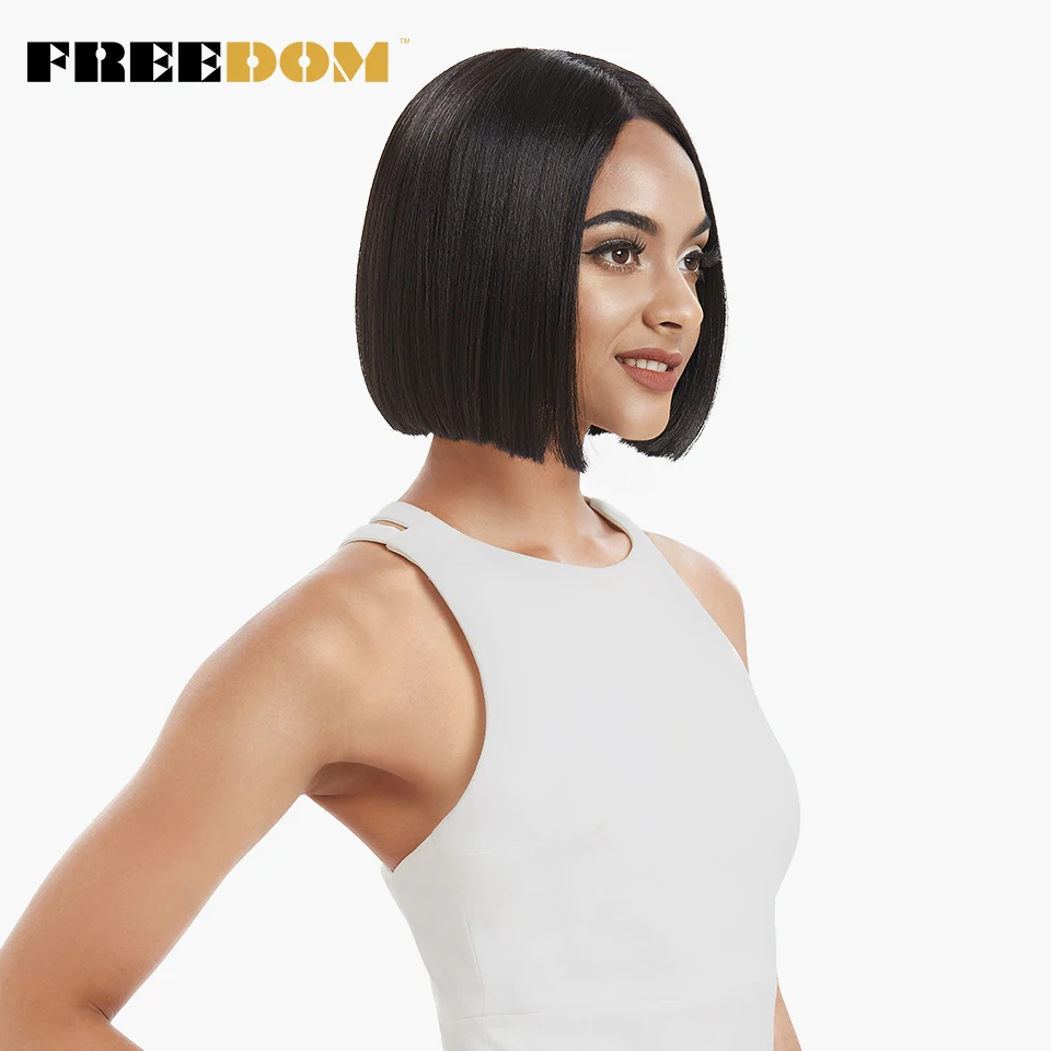 FREEDOM Synthetic Lace Wigs For Black Women Short Bob Straight Ombre Brown Blond 10 Inch High Temperature Fiber Synthetic Wigs