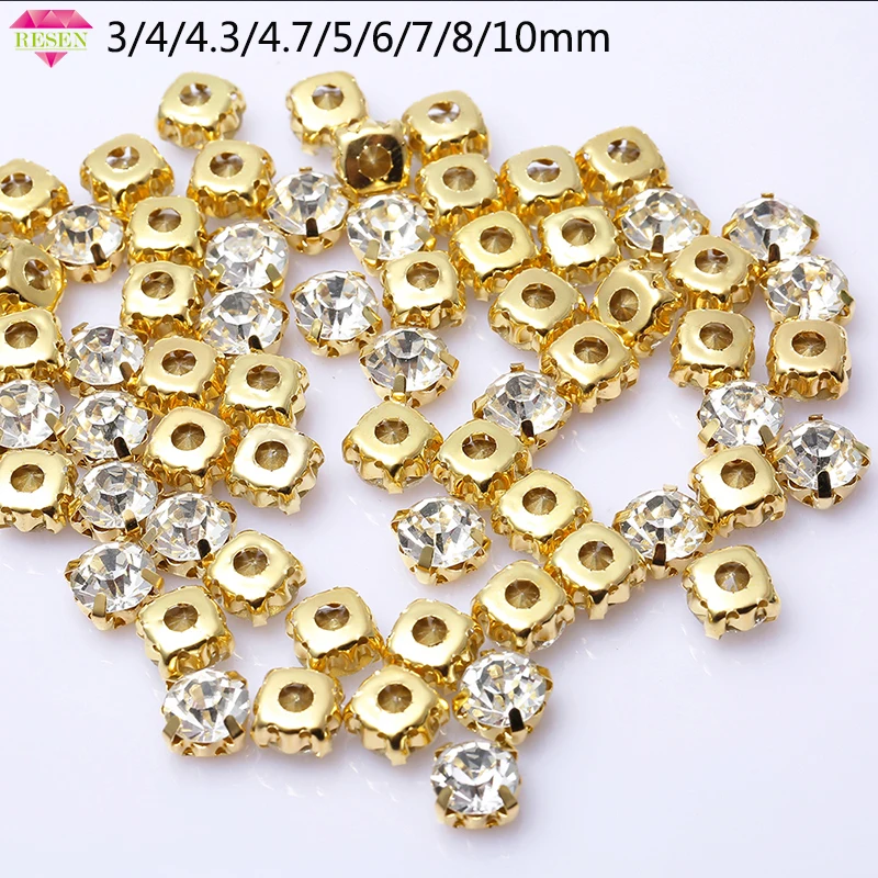 RESEN Top Quality 3-10mm Crystal Glass Sew On Rhinestones With Gold Claw White Color Gold Base Sewing Stones DIY Decoration