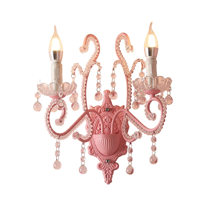 Korean princess room pink candlestick wall lamps European bedroom bedside study corridor crystal de wall sconces lights fixtures