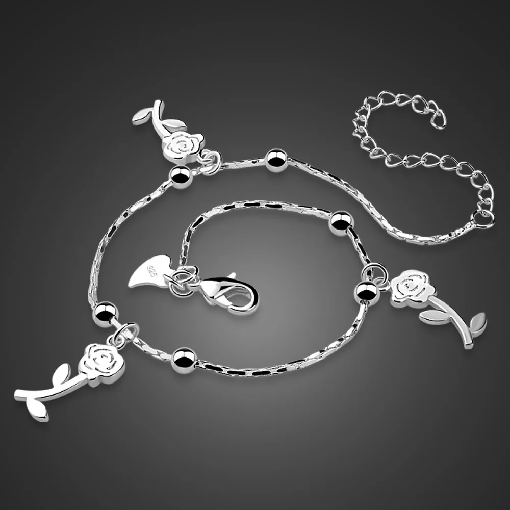 Einfache Rosen Anhänger Fußkettchen 100%925 Sterling Silber Frauen Fuß Schmuck Strand Barfuß Sandalen Armband auf die bein stiefeletten Geschenk