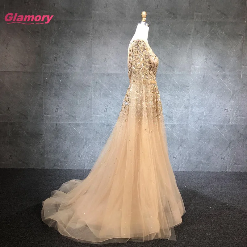 2021 New Arrival Gold Prom Dress Long Sleeves O-neck Luxury Beading Evening Dress