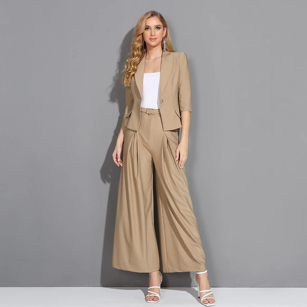 

Spring Elegant Wear Lady Clothes 2 Pieces Set Blazer Top and Wide Leg Pants for Office Women