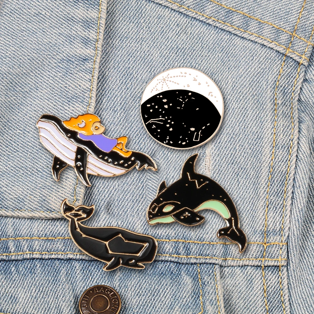 Romantic Constellations Lonely Alice Whale Shark Starry Moon Pin Brooch Enamel Lapel Pins BackPack Badge Brooches Cute Jewelry