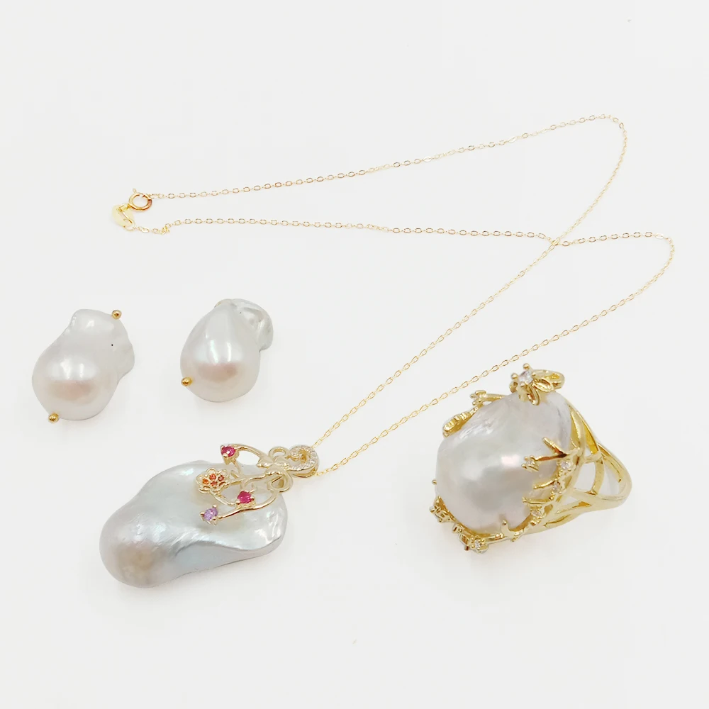 

baroque pearl set ,925 SILVER jewelry set with necklace and earring,ring,100% NATURE FRESHWATER PEARL -good big baroque pearl,