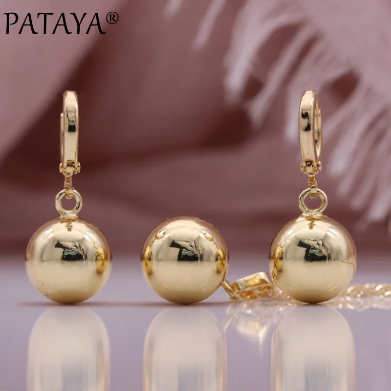 PATAYA New Round Ball Metal Earrings Necklace Set 585 Rose Gold Color Long Earrings Simple Pendant Women Fashion Jewelry Sets