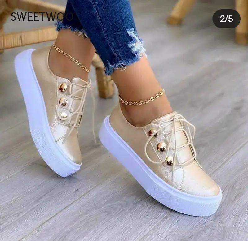 Women\'s Sneakers White PU Leather Canvas Lace-up Thick Sole Breathable Casual Spring and Autumn Shoes