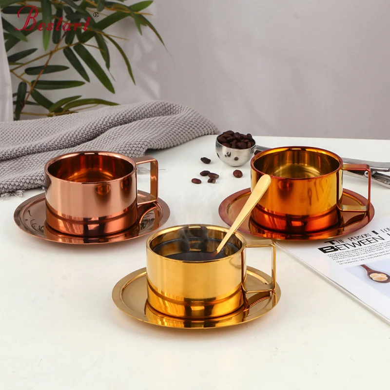 200ml Gold Coffee Cup Saucers Set stainless steel Mug Tea Cup with tray Metal water Milk cups Cafe Party Drinkware Kitchen tools