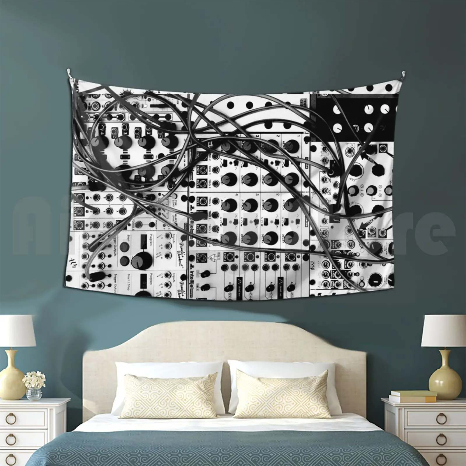 Analog Synthesizer Modular System-Black And White Illustration Customized Tapestry Synthesizer Modular