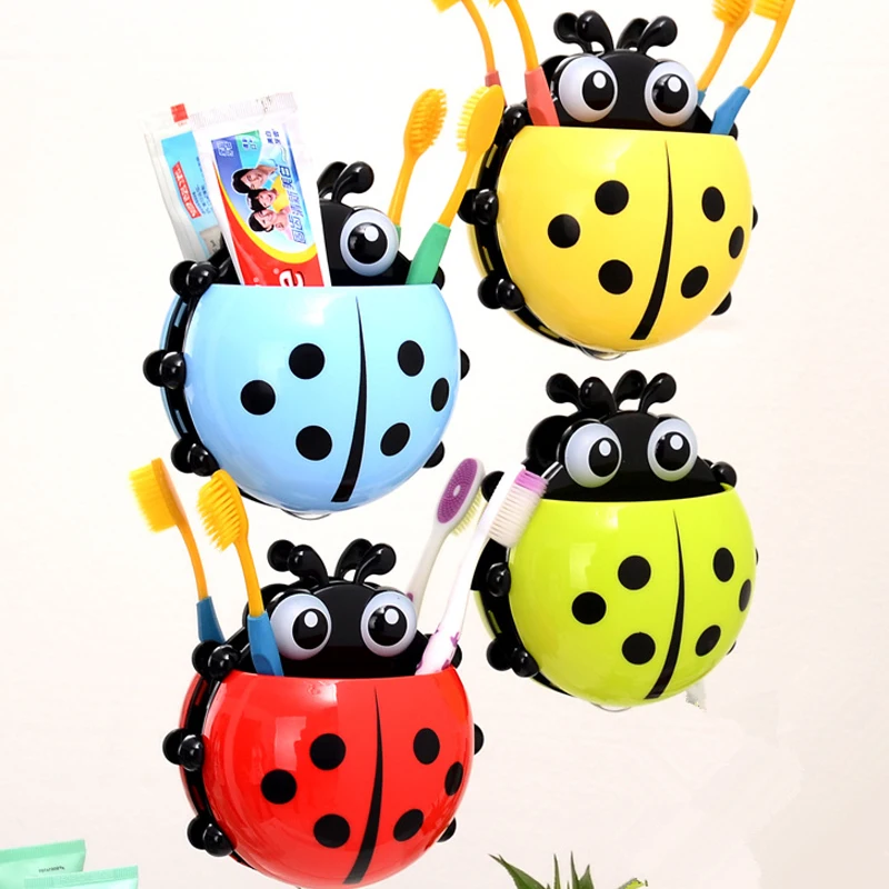 4 Color Ladybug Suction Hooks Rack Toothbrush Holder Toothpaste Container Wall Suction Decorations Organizer Kids Cartoon