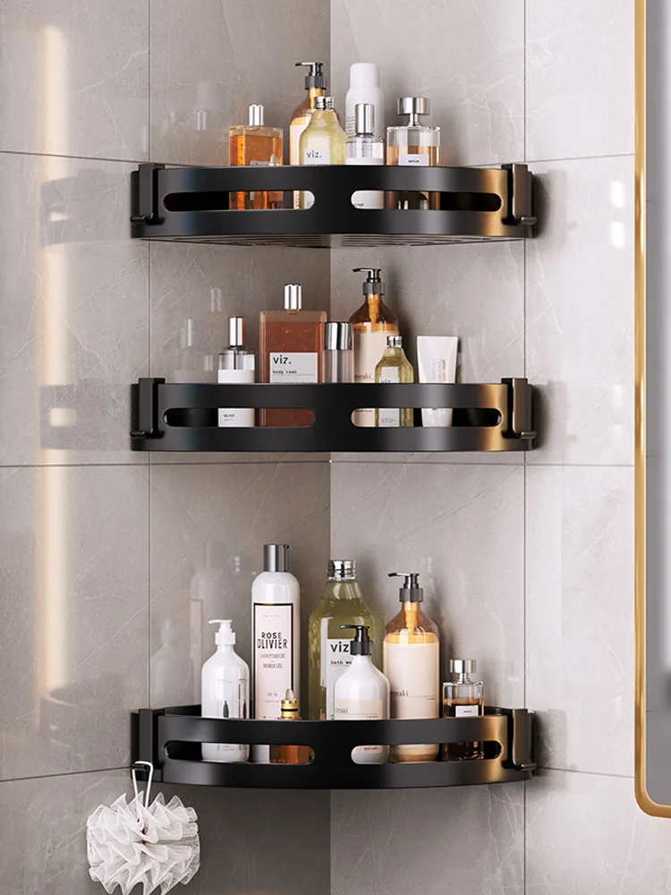 Bathroom Storage Racks Organizers Thick Material Aluminum Black Bathroom Corner Shelves Punch Free Storage Holder Home Appliance