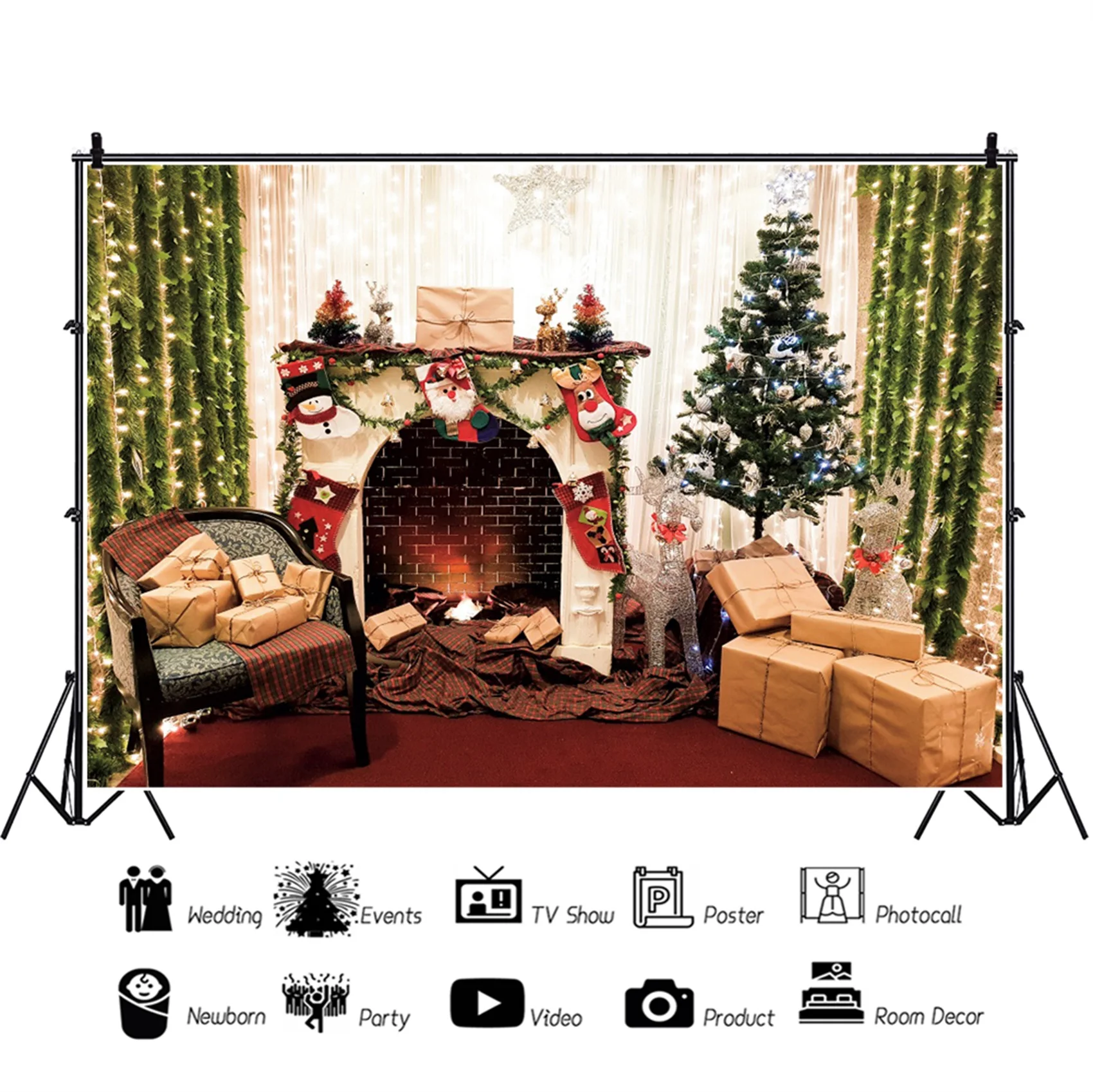 Laeacco ประณีตภายในต้นคริสต์มาสเตาผิงวันเกิดภาพฉากหลังถ่ายภาพพื้นหลังสำหรับ Photo Studio