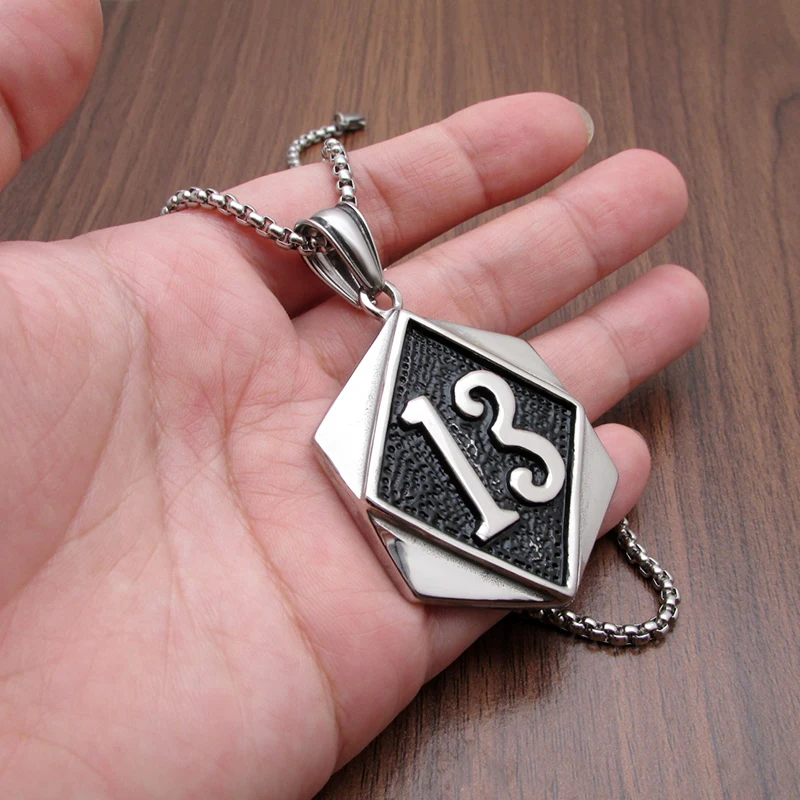 Punk 316L Stainless Steel Silver Color Number Gold Plated 13 Biker Pendant Rope Link Chain Jewelry