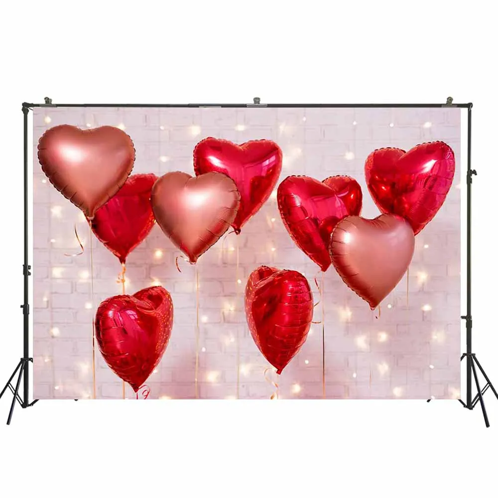 Valentine's Day Photography Bacldrop Red Heart Balloon White Brick Wall Bulb Light Baby Party Decor Photo Background W-4862