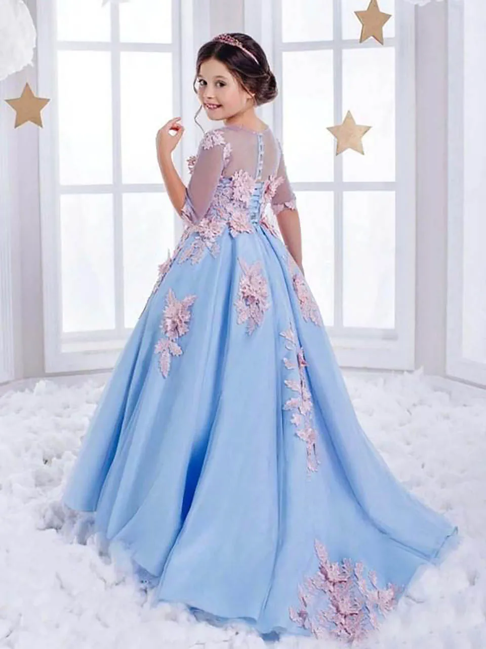 Kids Formal Wear  Baby Children Party Dress O-Neck Applique Tulle Beaded New Birthday Christmas Sleeveless Flower Girls Dresses