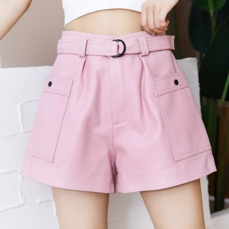 Wide Vintage Leg Shorts Womens New Sheepskin High Waist Pockets Korean Style Fashion High Quality Casual Genuine Leather Shorts