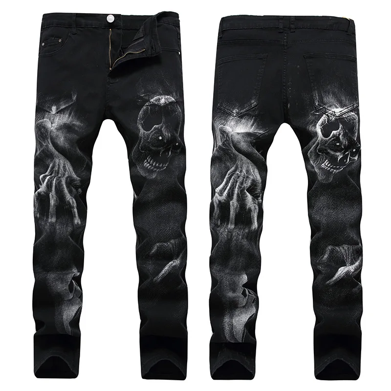 2022 Dark Streetwear Skull Print Punk Men Vintage Slim Jeans Trousers Hip Hop Stretch Cotton Denim Pants For Teens Pantalones