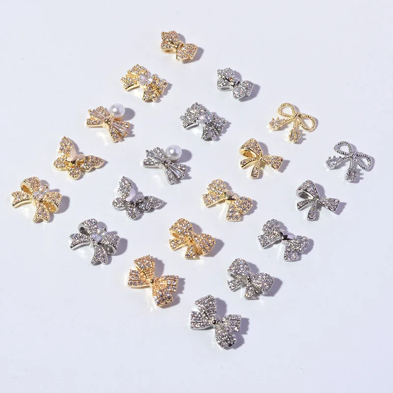 1Pc Nail Art Jewelry Pendant Zircon Bowtie Shaped 3D Charms Gold Silver Super Shiny Metal Bow Gems For Nail Art Decoration - Image 4