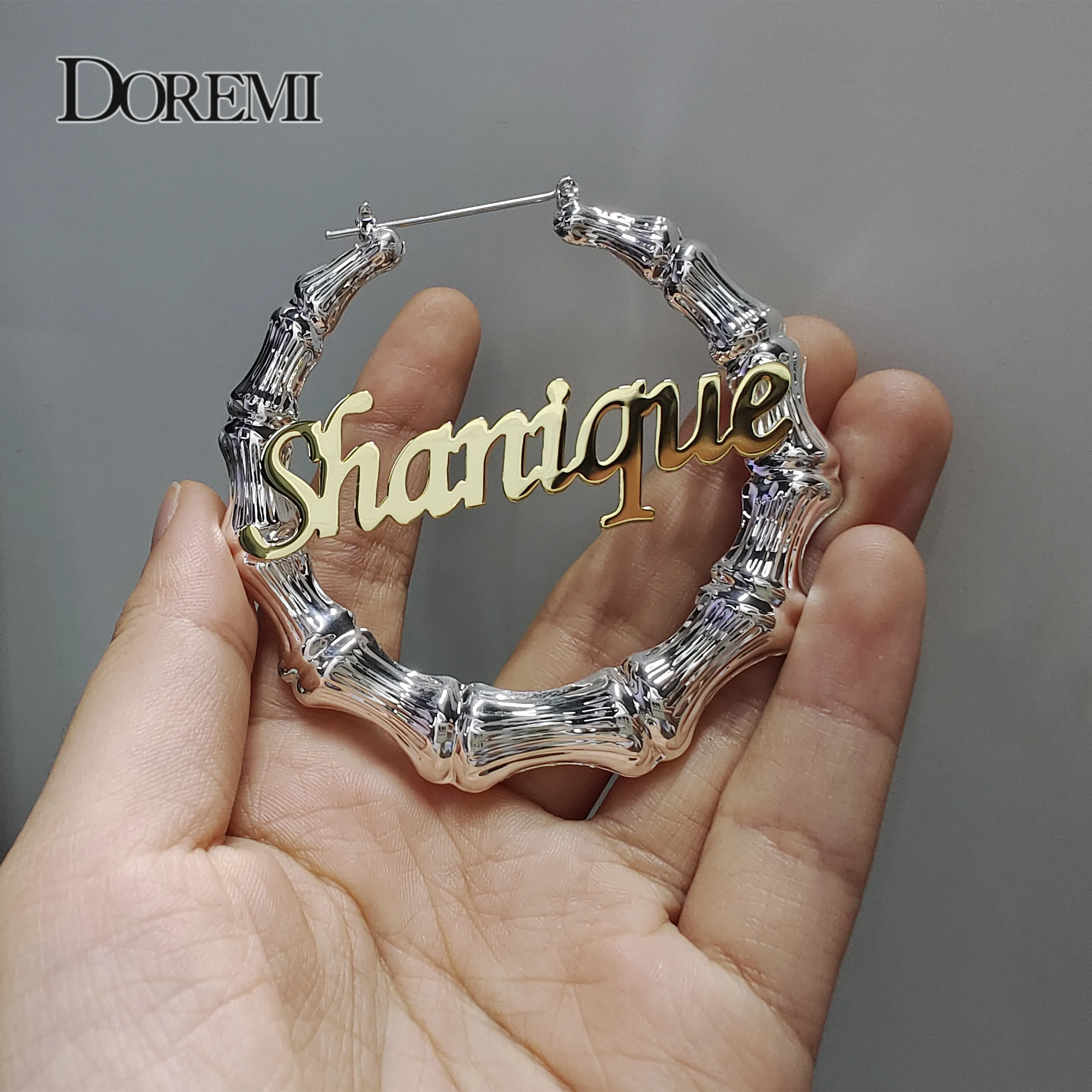 DOREMI 2 Toned Name Bamboo Earrings Customize Name Earring Bamboo Style Custom Hoop Earring Personalized Statement Words Number