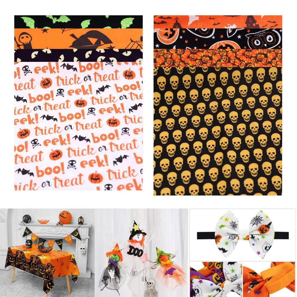 8Pcs Pumpkin Cat Owls Skull Fabric 25cm Printed Halloween Decorative 100% Cotton for Home Upholstery Halloween Theme Decoration