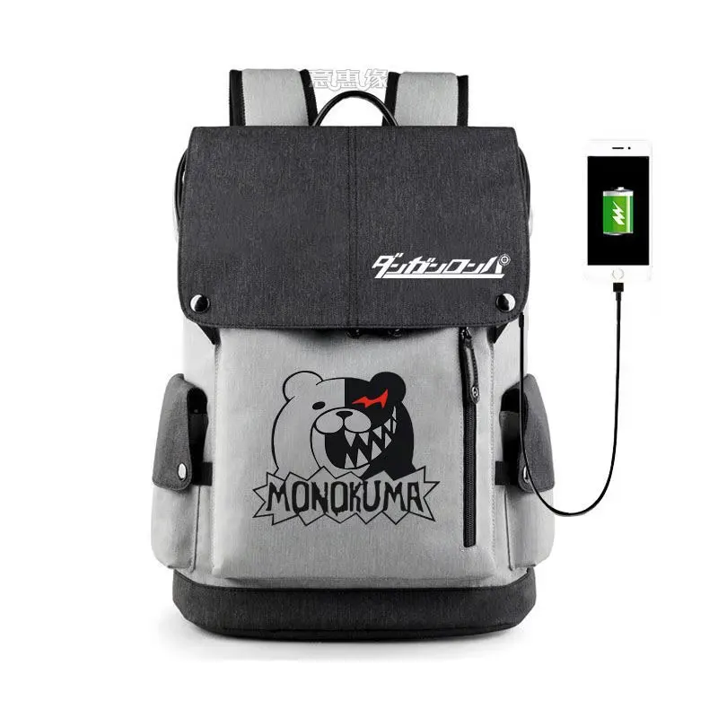 Anime Danganronpa Black White Bear Backpack Bag Cosplay School BookBag Laptop  USB Port Mochila Day Pack Rucksack