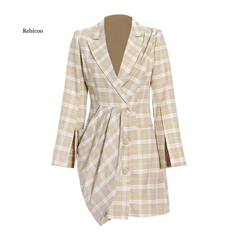 

Elegant Plaid Dress for Women Notched Long Sleeve Back Split Casual Dreses Female Fashion New Clothing Spring Tide