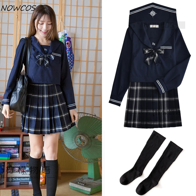 Conjunto uniforme JK da escola japonesa para estudantes, gola marinheiro, saia xadrez preta, top marinho, ternos de meninas, verão, outono, conjunto de 3 peças