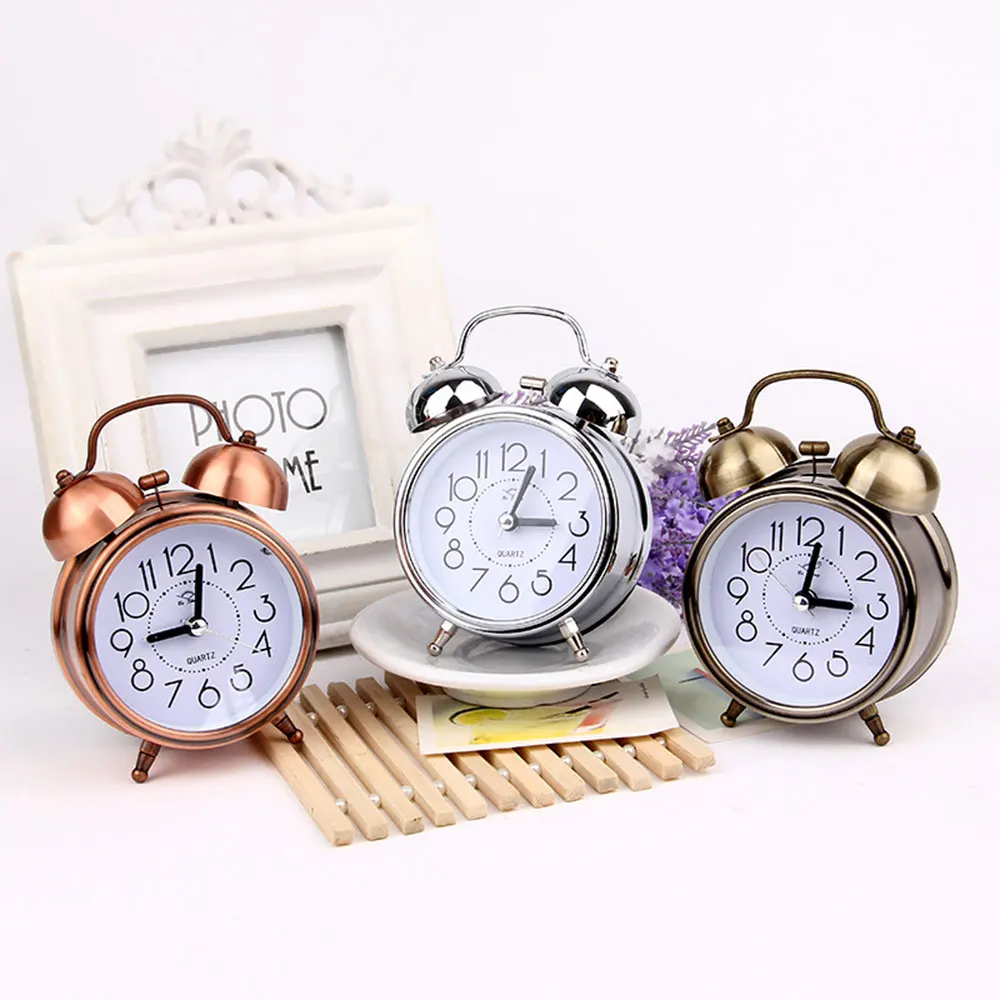 Retro Design Alarm Clock Metal Bell Creative With Mute Pointer Electronic Wall Watch Student Luminous Home Bedroom Bedside