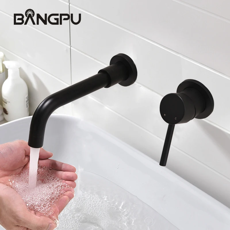 BANGPU Wall Mounted Bathroom Faucet Single Handle Faucet Black Bathroom Sink Basin Faucet 2 Hole Concealed  Faucet