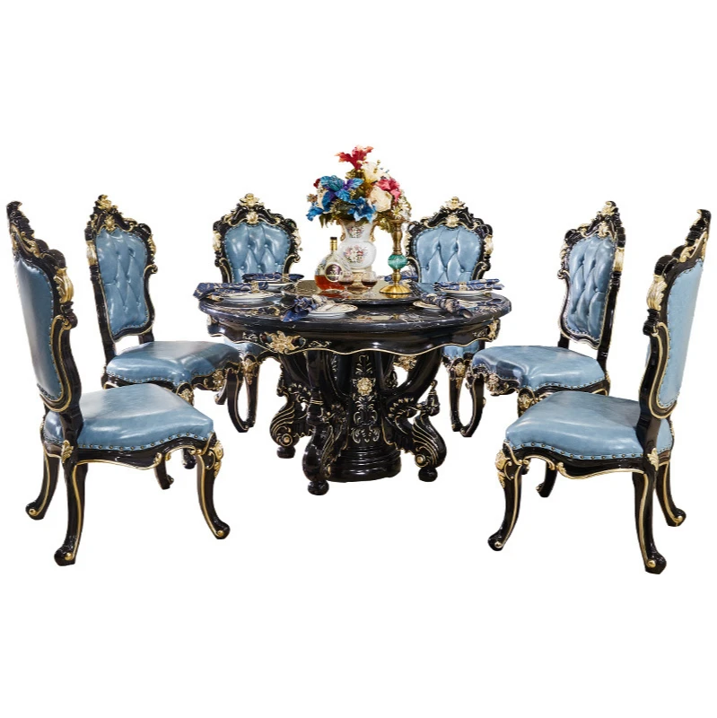 

European marble dining table small apartment, luxurious round dining table and chair combination