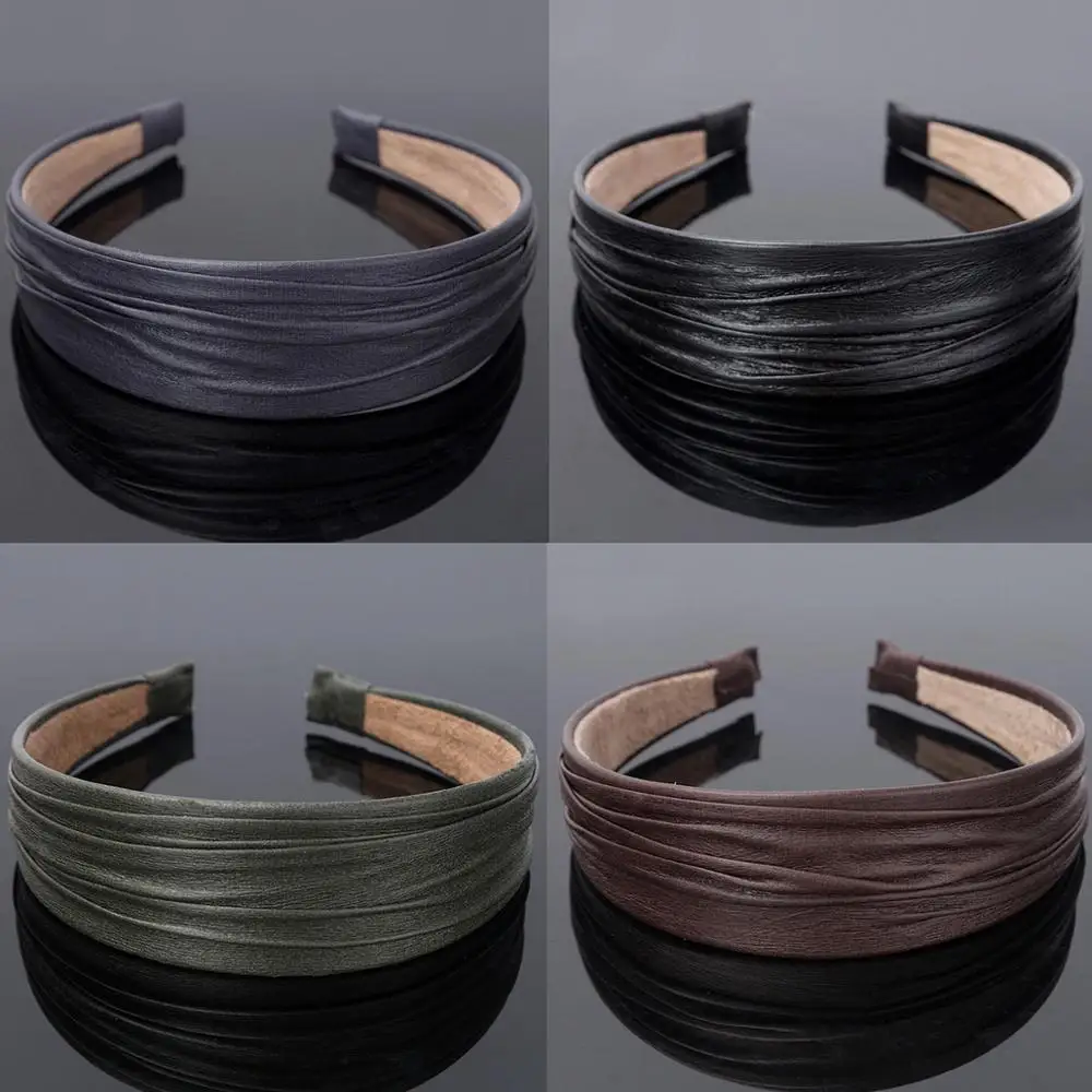 Navy black brown 4.0cm wrinkles leather Covered Plastic headbands for women girls Large Crease PU leather hair Hoops hairbands