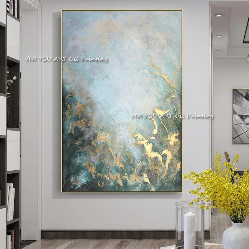 The Golden Shadow Trend Abstract Modern Handmade Green Thick Oil Painting Handpainted Textured Brush Wall Art On Canvas Decor