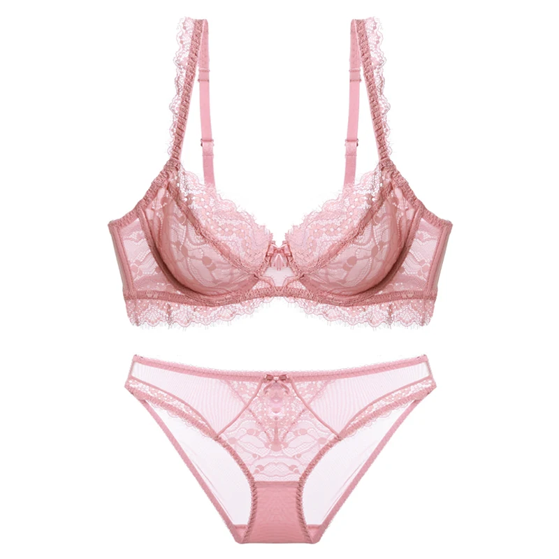 Fashion Pink Lace Bra And Panty Sets Plus Size Transparent Brassiere Floral Embroidery Underwear Set Women Sexy Lingerie A B C D