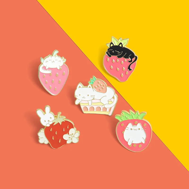 Strawberry Cat Custom Enamel Pin Sweet Cake Bunny Badges Rabbit Kitty Brooches Animal Lapel Badges Children Kids Gifts Wholesale