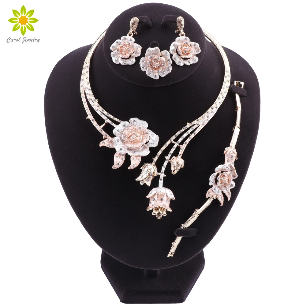 Nigeria Classic Jewelry Sets Elegant Bride Wedding Flower Shape Necklace Earrings Bracelet Ring Set for Dubai Women