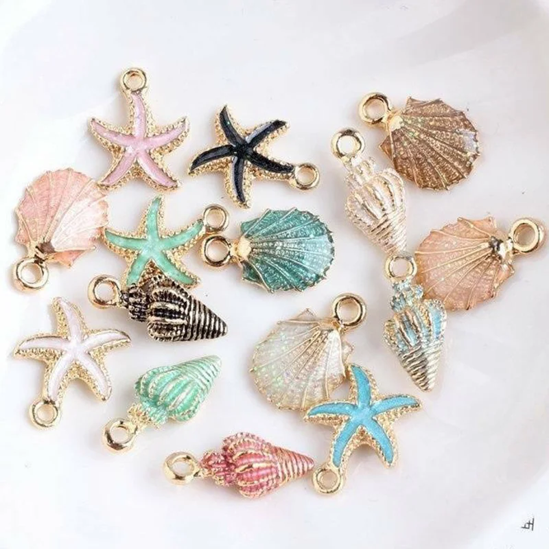 5-15pcs Cute Starfish Conch Sea Shell Charms Pendant Ocean Style Anklet Keychain Bracelet Necklace Jewelry DIY Craft Accessories