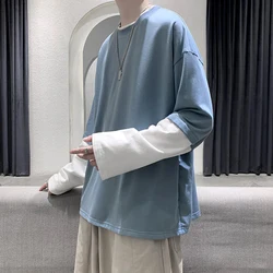 Autumn Summer Fake Two Long Sleeve Men Tshirts Fashion Trend Korean Style Loose Tops Oversized All-match Spliced Twice Clothing