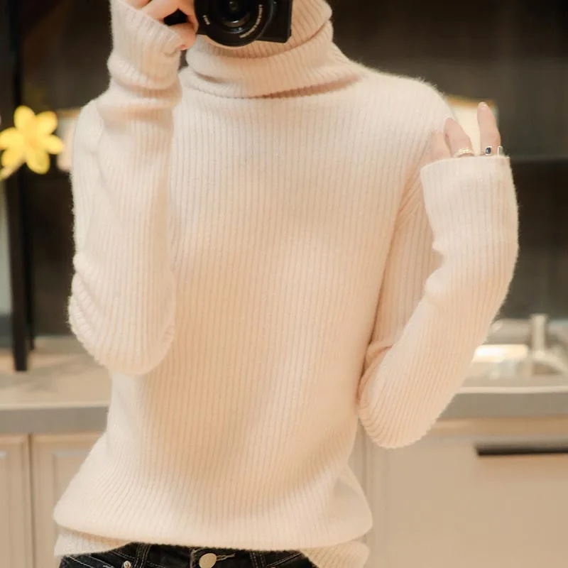 

Women Sweaters 100% Pure Wool Knitted Pullovers Hot Sale Turtleneck Full Sleeve Soft Warm Jumpers Woolen Kntiwears