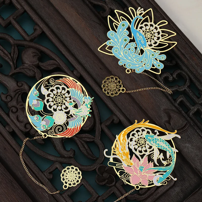 Chinese Traditional Art Style Bookmarks Flowers Fish Peacock Deer Phoenix Metal Bookmark Business Valentine's Day Gift Pendant