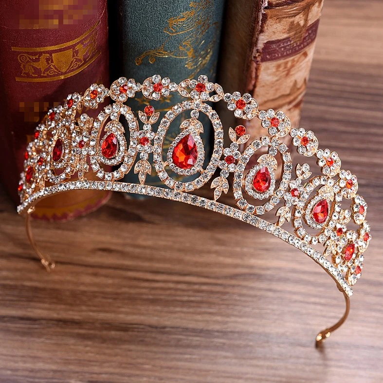 Fashion Baroque Magnificent Big Red Crystal Bridal Tiaras Wedding Crown for Bride Pageant Headbands Wedding Hair Accessories