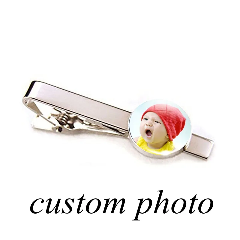 1pc Custom Photo Text Glass Cabochon Tie Clip for Men Silver Color Metal Tie Clamp Pins Father Husband Customize Gifts