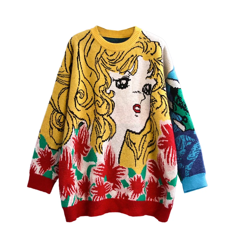 Korobov 2020 Autumn Winter New Women Cartoon Sweaters Korean Hit Color Sueter Mujer Vintage O Neck Long Sleeve Jumper Femme