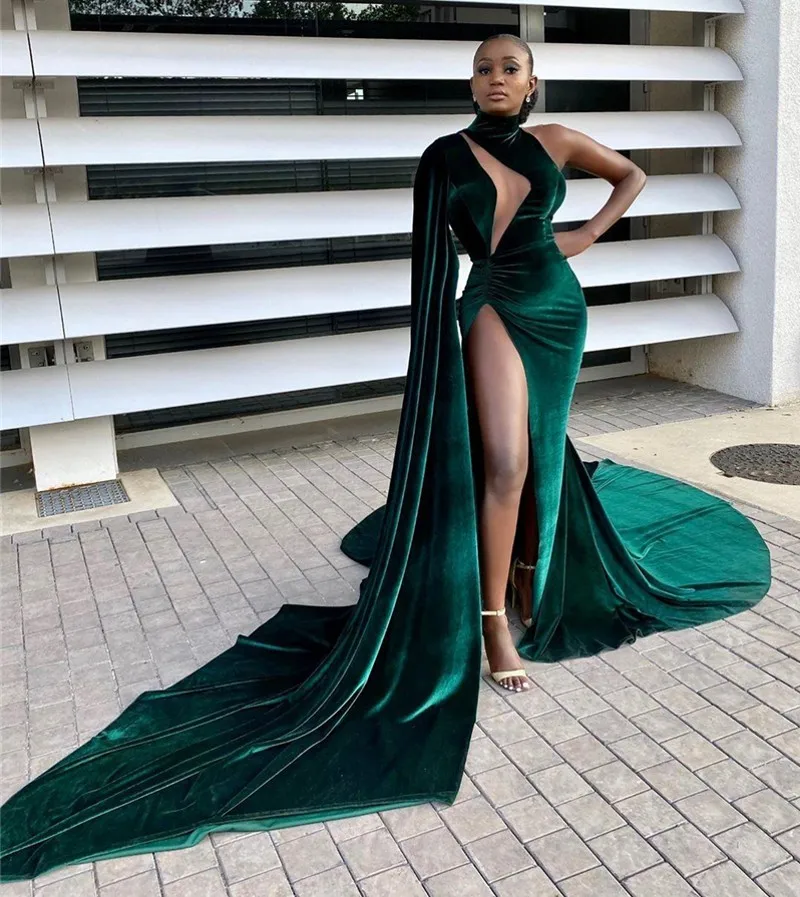 

Arabic Aso Ebi 2021 Green Mermaid Evening Dresses High Split Velvet Prom Formal Party Gowns Second Reception Wear Vestidos