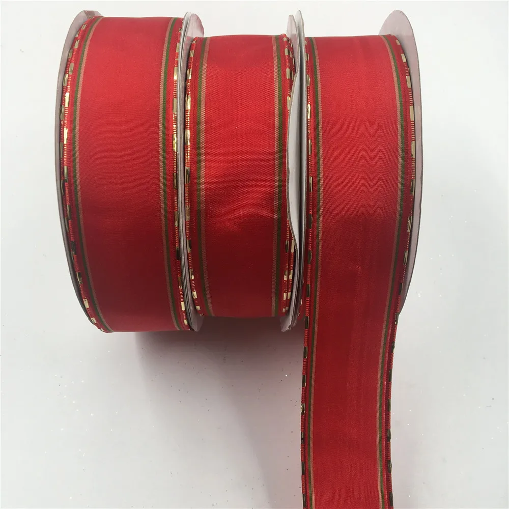 

25Yards 38mm Wired Edge Golden Lurex Edges Red Taffeta Ribbon for Birthday Christmas Wedding Gift Box Wrapping Decoration DIY