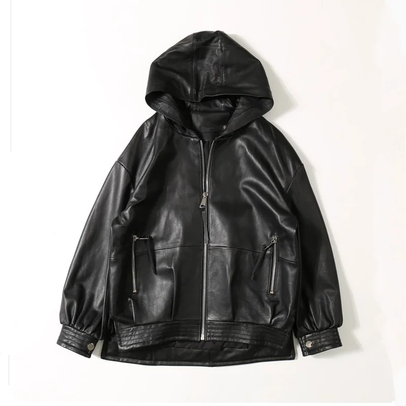 

Genuine Leather 2021 Spring New Baseball Clothing Women Sheepskin Oversize Hooded Leather Coat