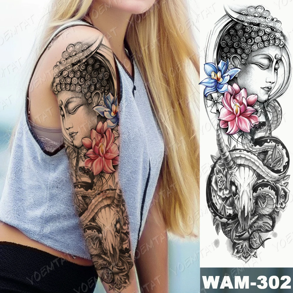 Large Arm Sleeve Tattoo Dragon Buddha Waterproof Temporary Tatto Sticker Geisha Goat Waist Leg Body Art Full Fake Tatoo Women